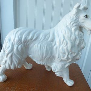 Large collie dog figure, glazed white ceramic  mid-century vintage